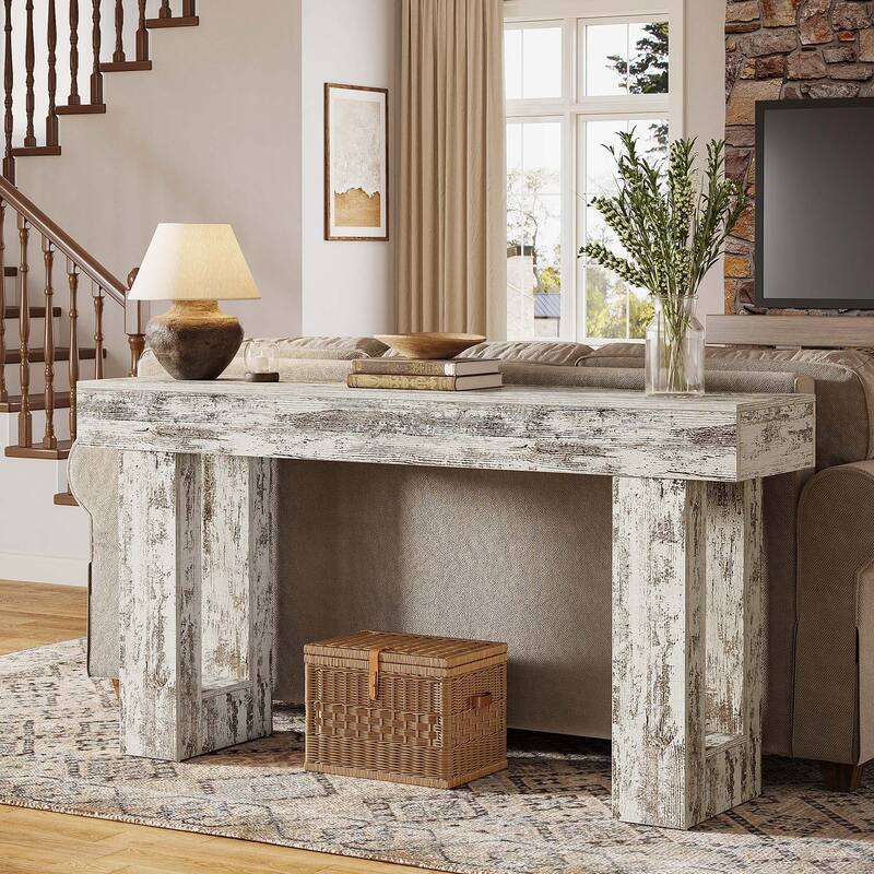 63-inch Wood Narrow Console Sofa Hallway Accent Table for Entryway - Distressed White