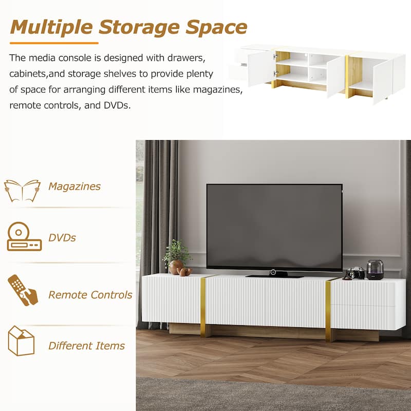 Elegant Fluted TV Stand for TVs up to 80", Modern Entertainment Center with Cabinets, Drawers & Golden Accents