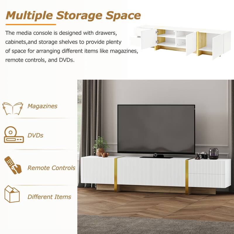 Modern Fluted TV Stand Luxury TV Stand with Storage Drawers and Gold Wood-Grain Legs, for Living Rooms, White