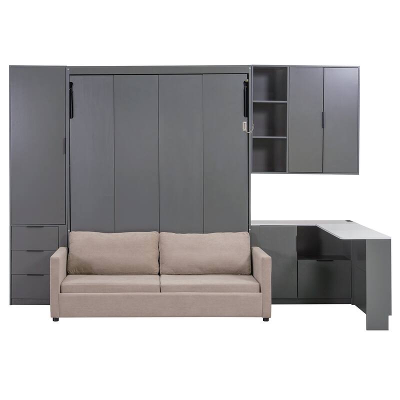 Folding Wall Bed Queen Size Murphy Bed with Sofa and L Shape Desk