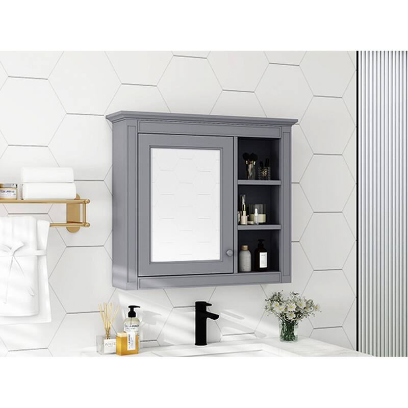 30'' x 28'' Wall Mounted Bathroom Storage Cabinet with Mirror,Modern Design,3 Open Shelves,and Concealed Storage - Grey