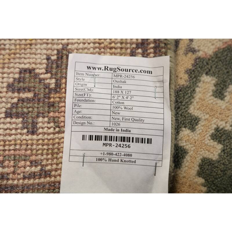 Green Oushak Oriental Rug Transitional Hand-Knotted Wool Carpet - 4'2"x 6'2"