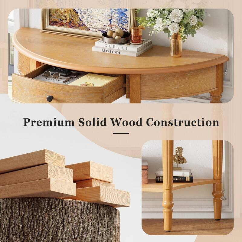 Farmhouse Half Moon Console Table with Drawer and Shelf for Entryway and Living Room Decor