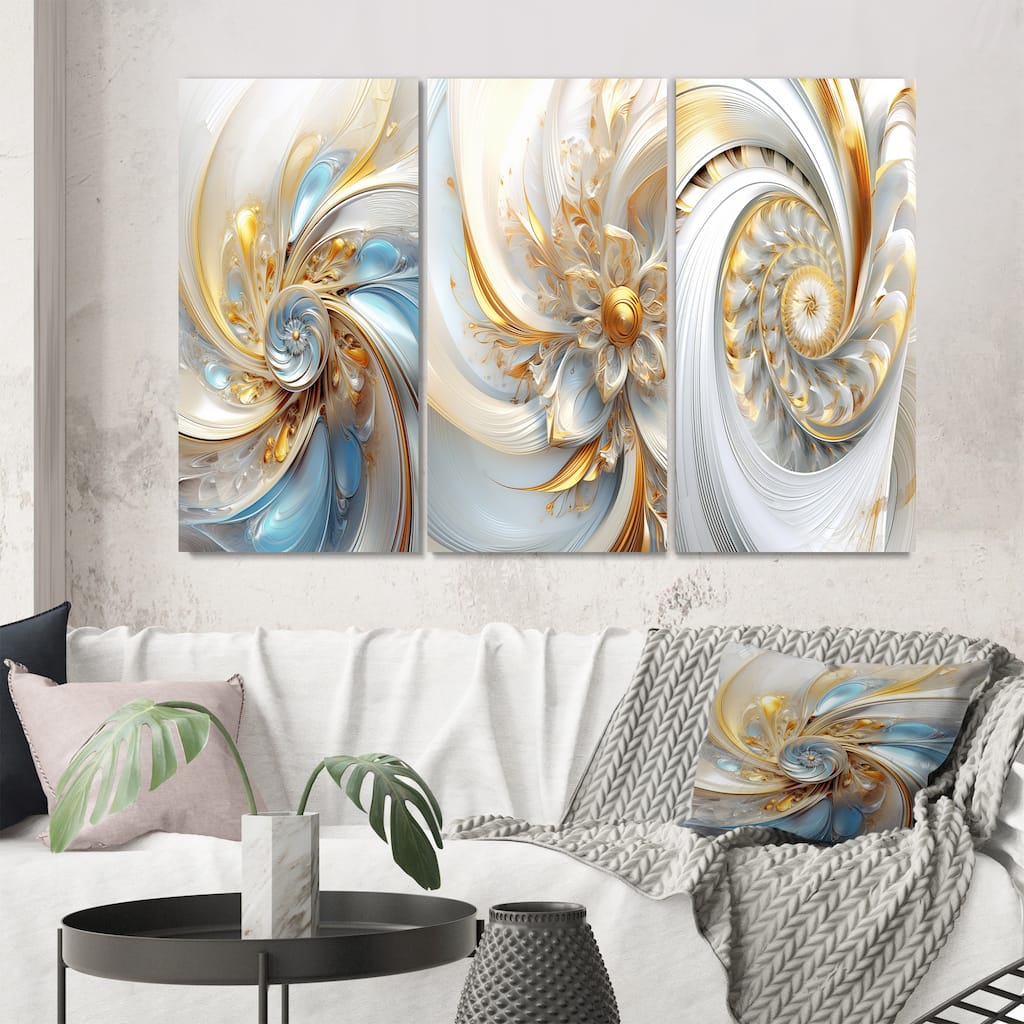 Designart "Whirling While Glam Fractals In Gold And White V" Fractals Wall Art Set Of 3 Canvas Set For Living Room Decor