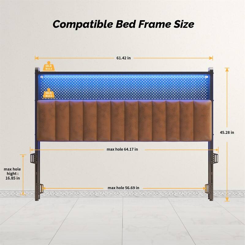 Adjustable Upholstered Headboard with 2 Tier Shelves with Charging Stations and LED Lights, Modern Bed Headboard with Storage