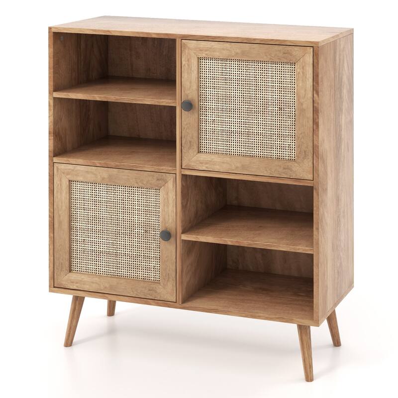 Boho Rattan Storage Cabinet with 2 Doors and 4 Cubbies Wood Buffet Sideboard for Kitchen - 31.5" x 11.5" x 38"