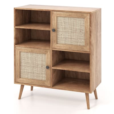 Boho Rattan Storage Cabinet with 2 Doors and 4 Cubbies Wood Buffet Sideboard for Kitchen - 31.5" x 11.5" x 38"