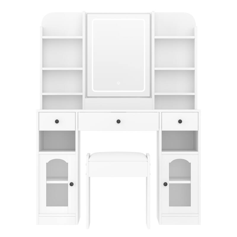 Glass Top Make-up Vanity Set with Stool & Charging Station, LED Makeup Mirror with 3 Lighting Modes