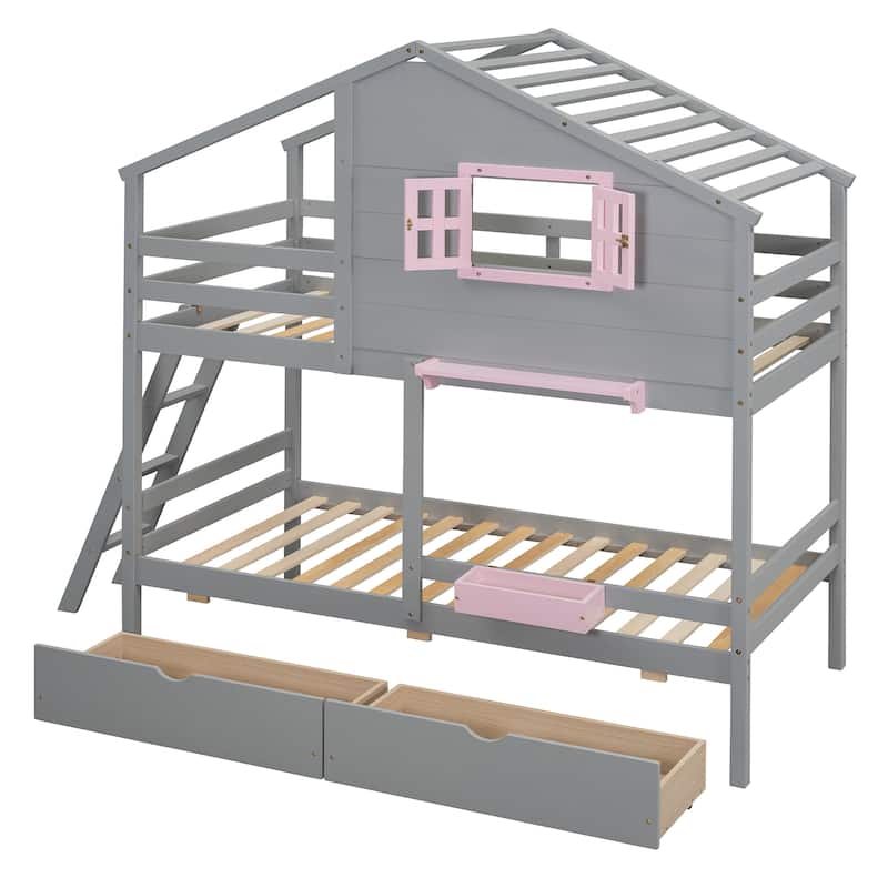 Twin Over Twin Bunk Bed with Drawers, Storage Box, Shelf, Window and Roof