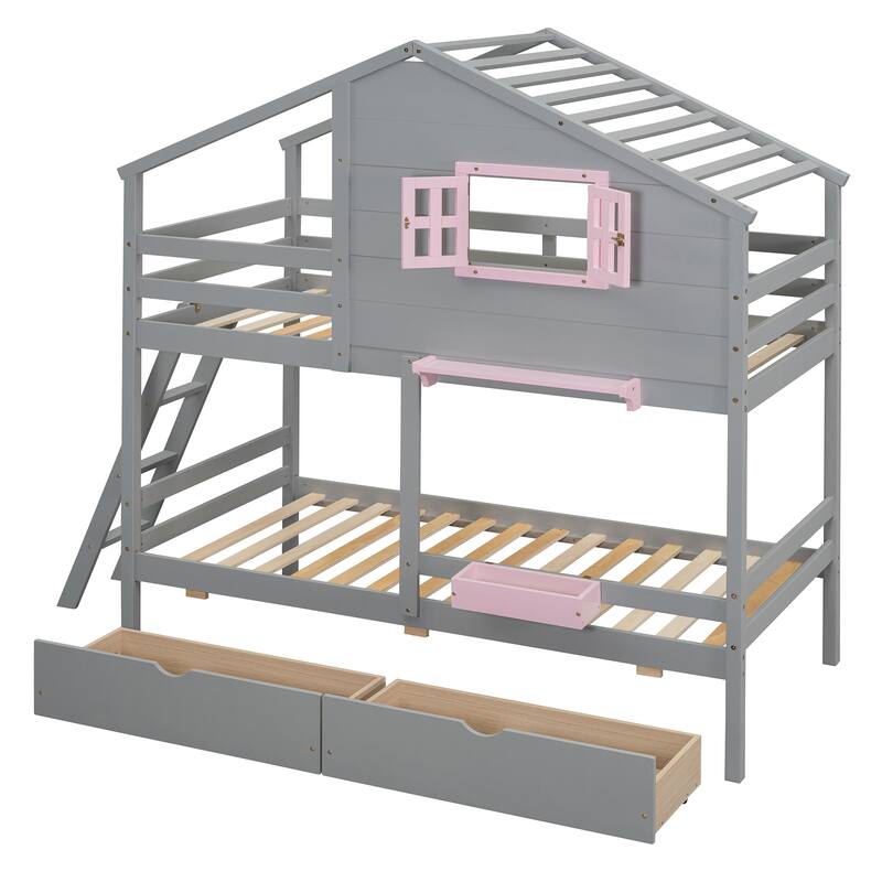 Twin over Twin Solid Wood Bunk Bed with Storage