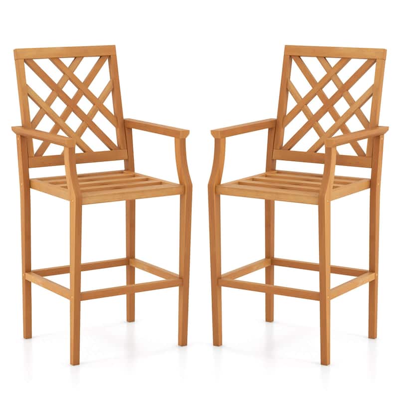 Costway 1/2/4 PCS Patio Teak Wood Bar Stool with Ergonomic Backrest - 2 PCS