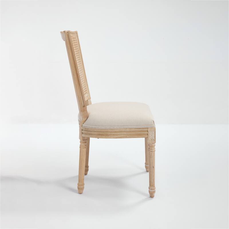 French Dining Chairs Set of 2, Upholstered Chairs with Nature Rattan T-shaped Back, carving techniques ,Disassemblable