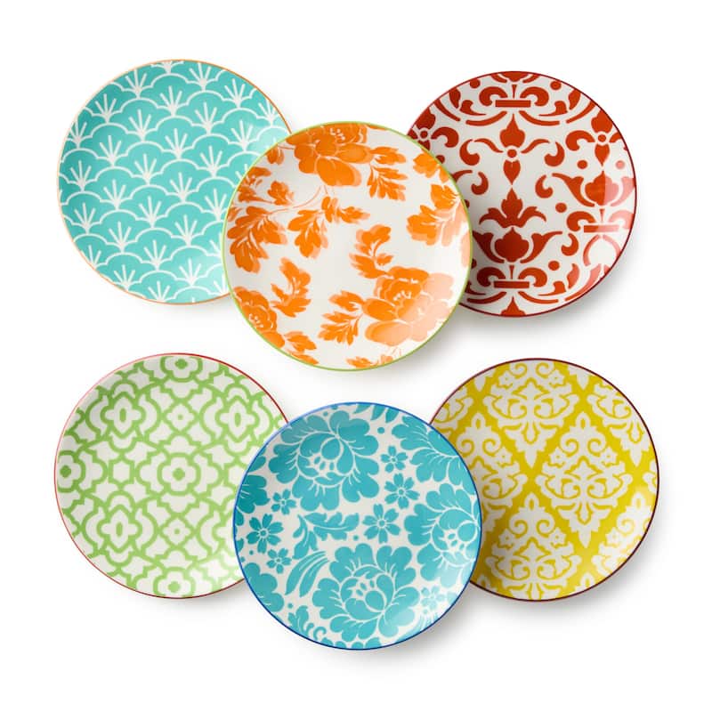 Certified International Pavillion 6" Canape/Luncheon Plates, Set of 6 Assorted Designs - 6.00"L x 6.00"W x 0.75"H