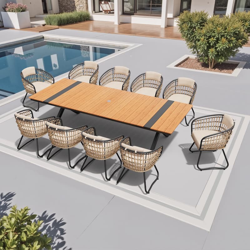 11-Piece Outdoor Dining Set Aluminum Dining Table with Cushioned PE Rattan Chairs