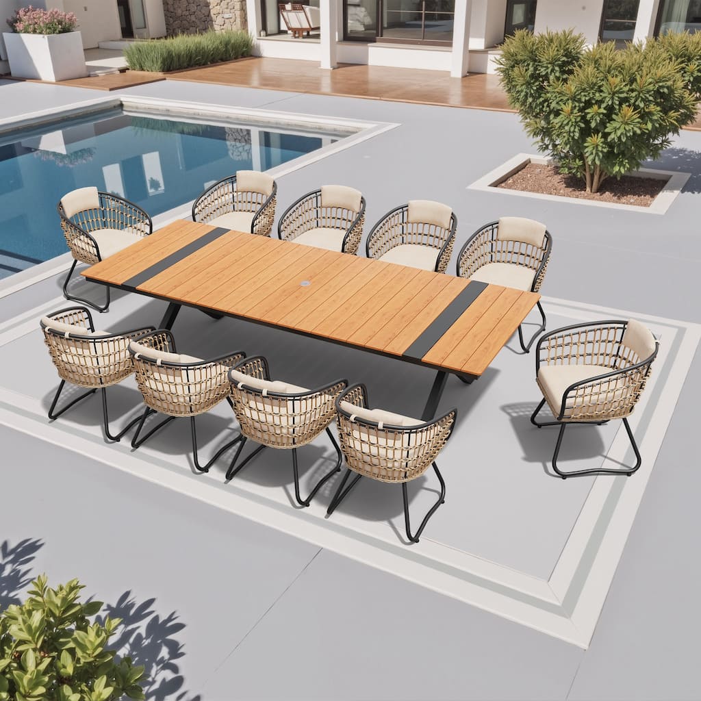 11-Piece Outdoor Dining Set Aluminum Dining Table with Cushioned PE Rattan Chairs