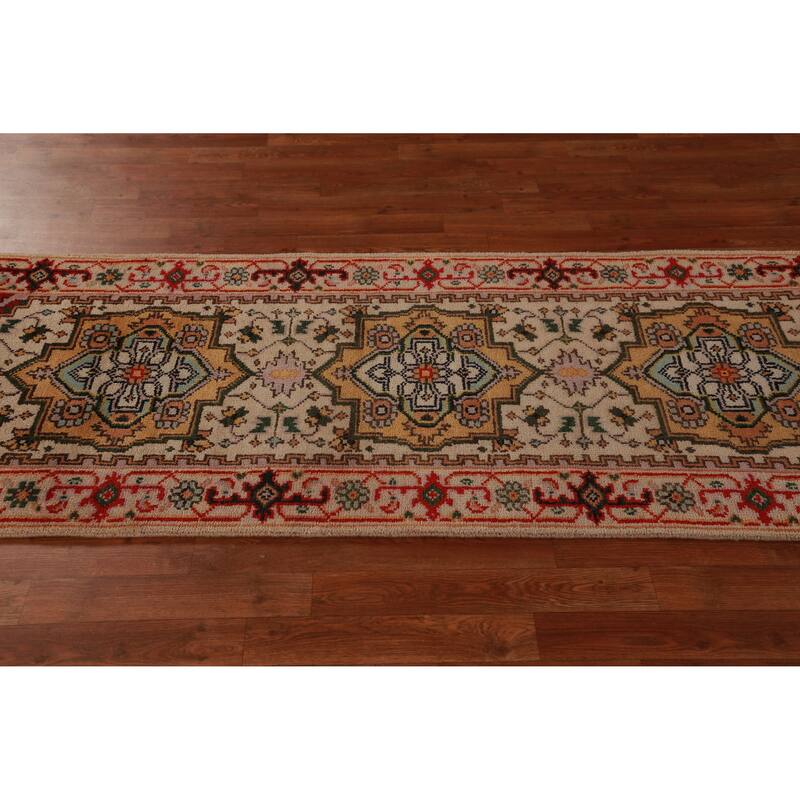 Hand Knotted Oriental 100% Wool Carpet Traditional Geometric Beige & Ivories Heriz (serapi) Runner Rug - 8' 1'' X 2' 7''