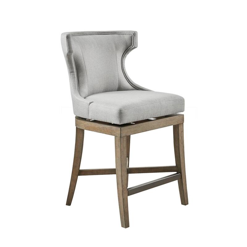 Roomfitters 360-Swivel Counter Stool, Upholstered Wingback Bar Chair with Piping and Metal Kickplate, Light Gray