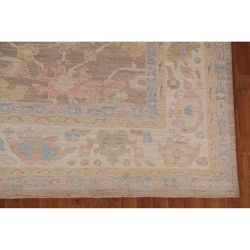 Floral Oushak Vegetable Dye Area Rug Hand-Knotted Brown Wool Carpet - 9'0"x 13'0"