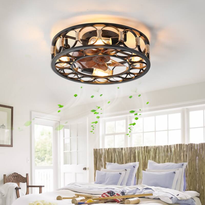 Caged Black Ceiling Fan with Lights Remote Control, Flush Mount 6 Speeds Reversible Ceiling Fan, LED Bulbs Include - 20 Inch