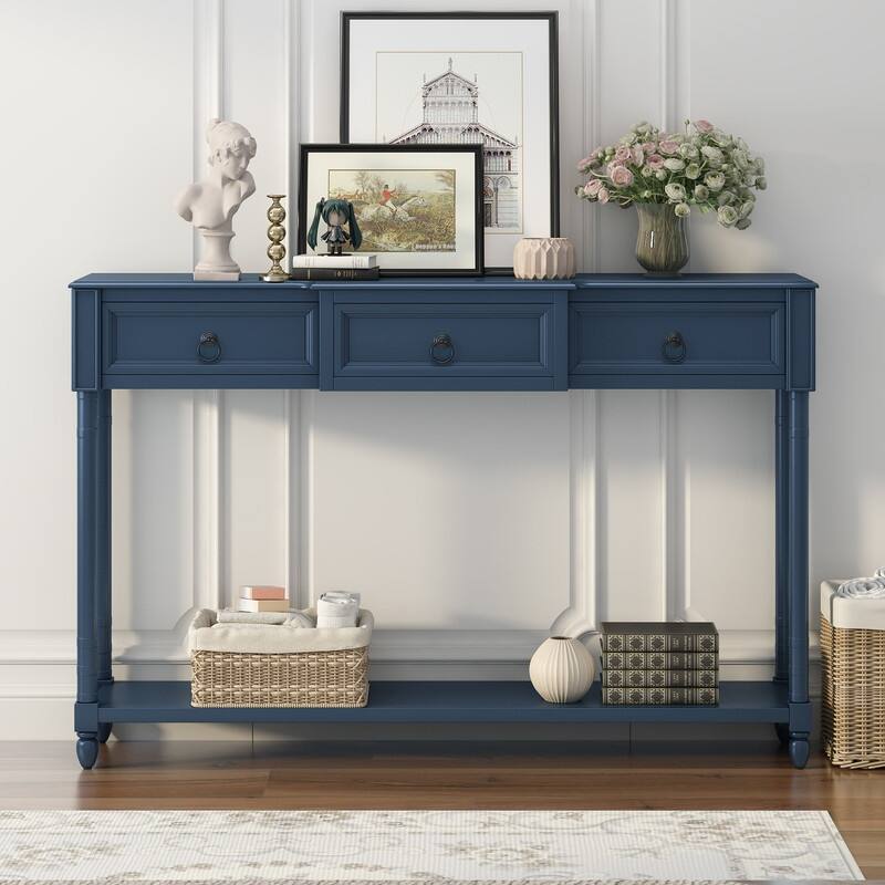 Console Table Sofa Table with Drawers for Entryway with Projecting Drawers and Long Shelf - Antique Navy
