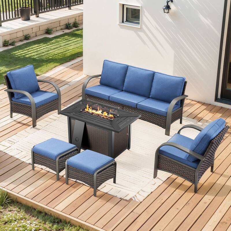 Propane Fire Pit with Outdoor Patio Funiture Set - Brown Rattan - Blue Cushion - 6PCS Sofa Club Chair Ottoman with Fire Table