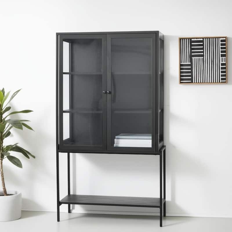 HomeRoots 36" Black Solid Wood and Metal Display Cabinet With Two Doors - Black