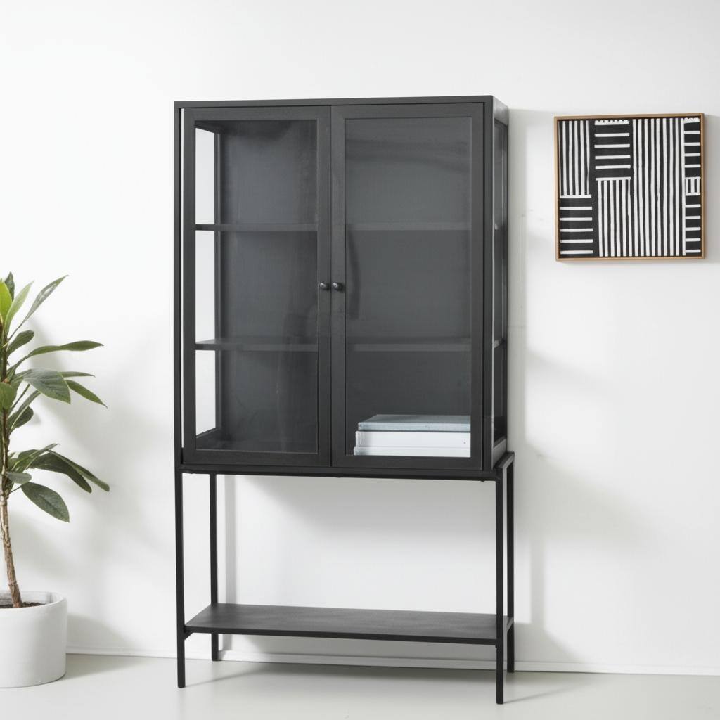 HomeRoots 36" Black Solid Wood and Metal Display Cabinet With Two Doors
