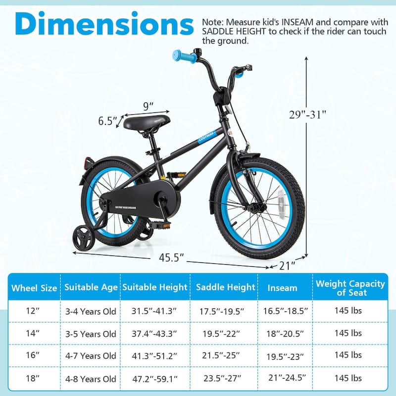 Costway 16" Kids Bike with Adjustable Saddle Handlebar Removable