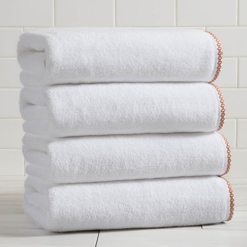 Linery & Co. Quick-Dry Cotton and Decorative Border Towel Set - Bath Towel (Pack of 4) - White / Clay