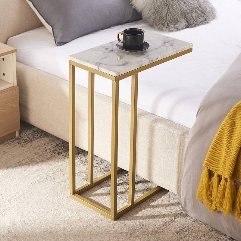 ROSEN GARDEN Faux Marble C-Shape Side End Table, Set of 2, White