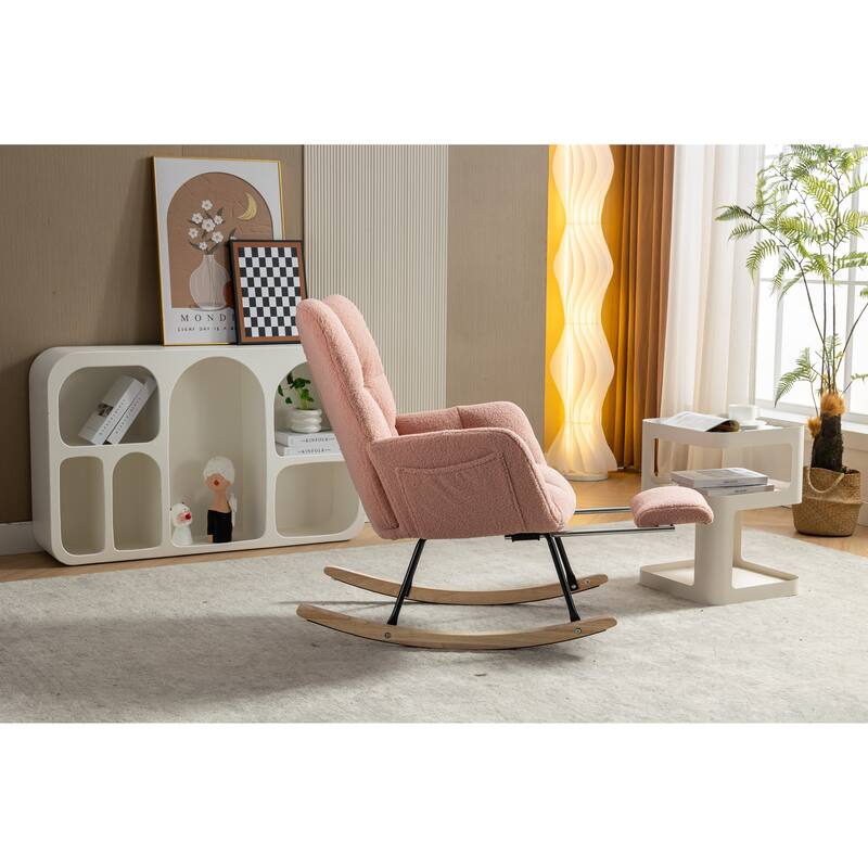 High Backrest Nursery Rocking Chair, Teddy Upholstered Glider Chair with Footrest, Recliner Chair with Solid Wood Legs