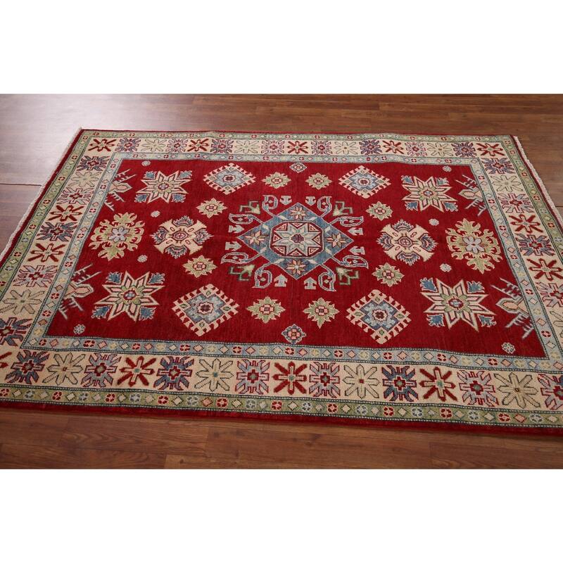 Red Geometric Kazak Rug Hand-Knotted Traditional Wool Carpet - 5'0" x 7'0"
