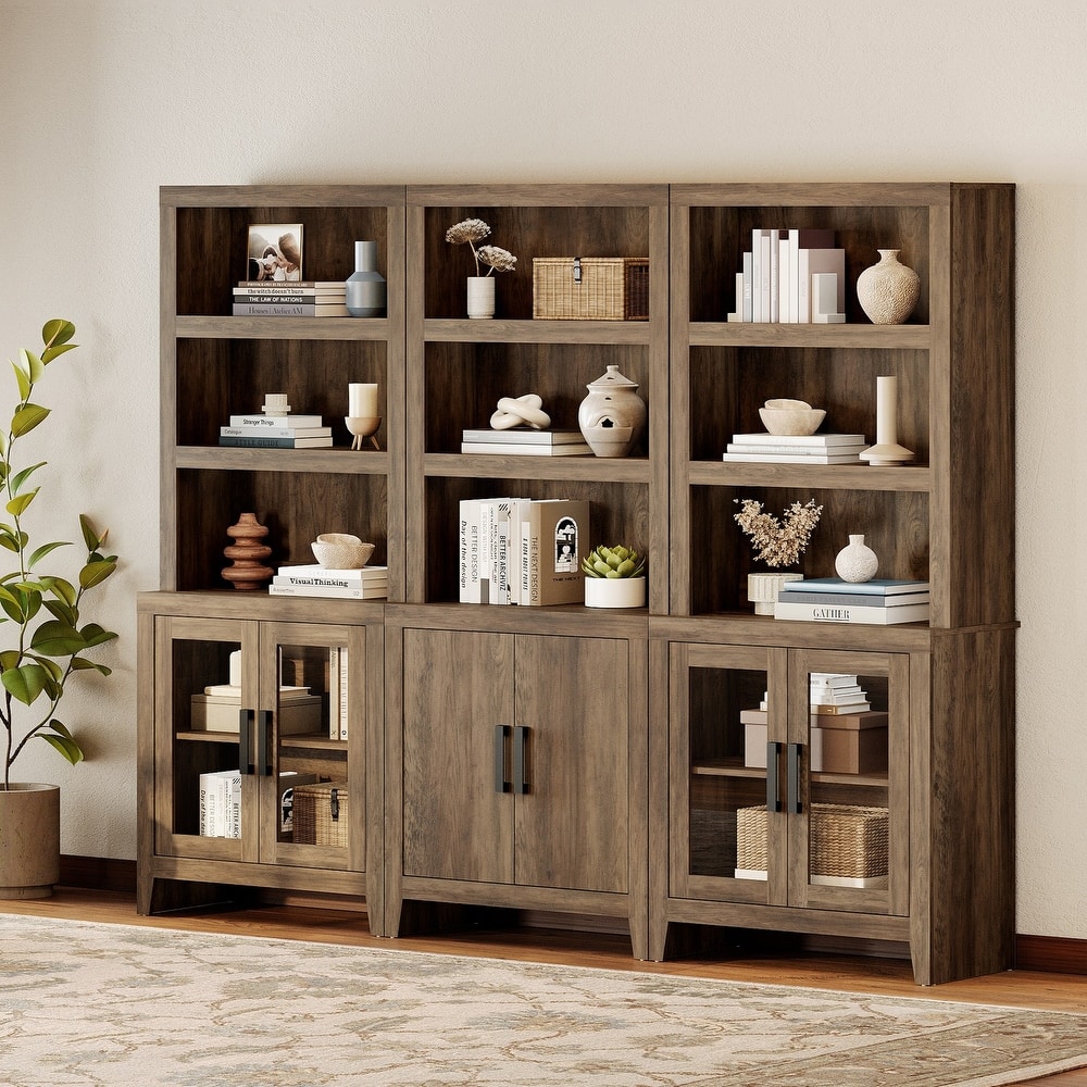 WAMPAT 74" Tall Bookshelf with Glass Doors, Farmhouse Bookcase with Open Shelves