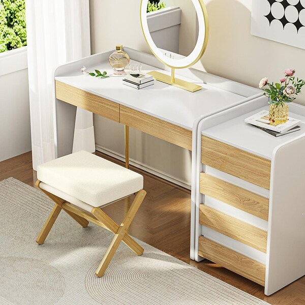 Vanity Stool Chair Foldable Makeup Stool with Bamboo x Legs Beige Beige