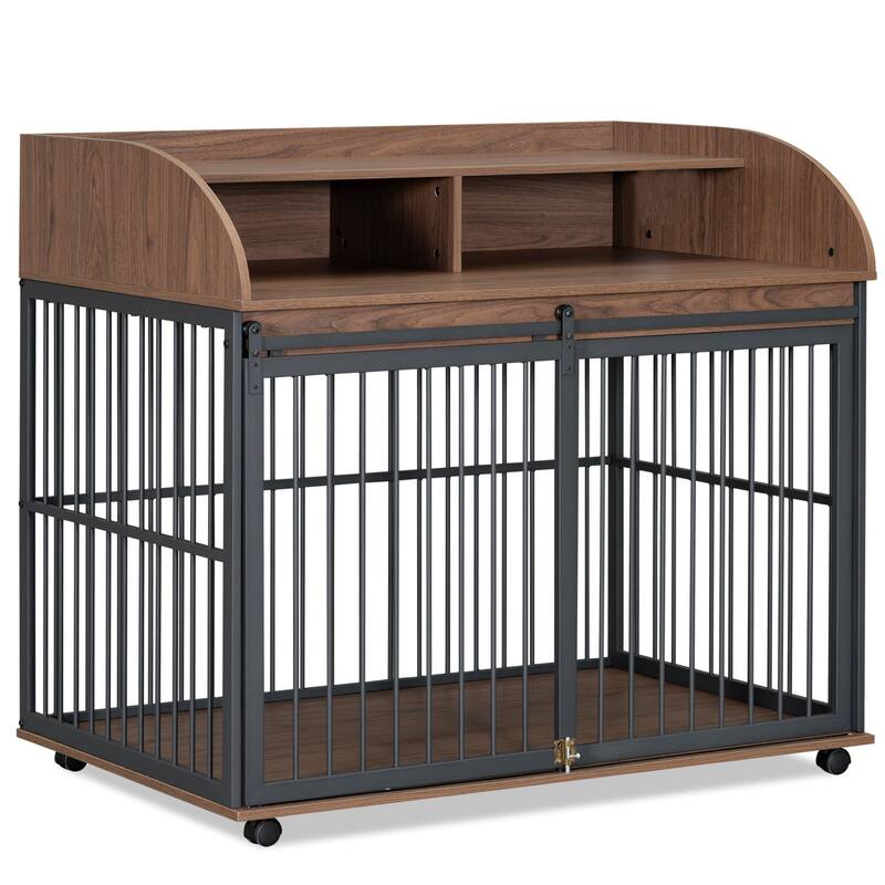 44" Heavy Duty Dog Crate Furniture with Lockable Wheels, Storage & Sliding Door for Medium to Large Dogs