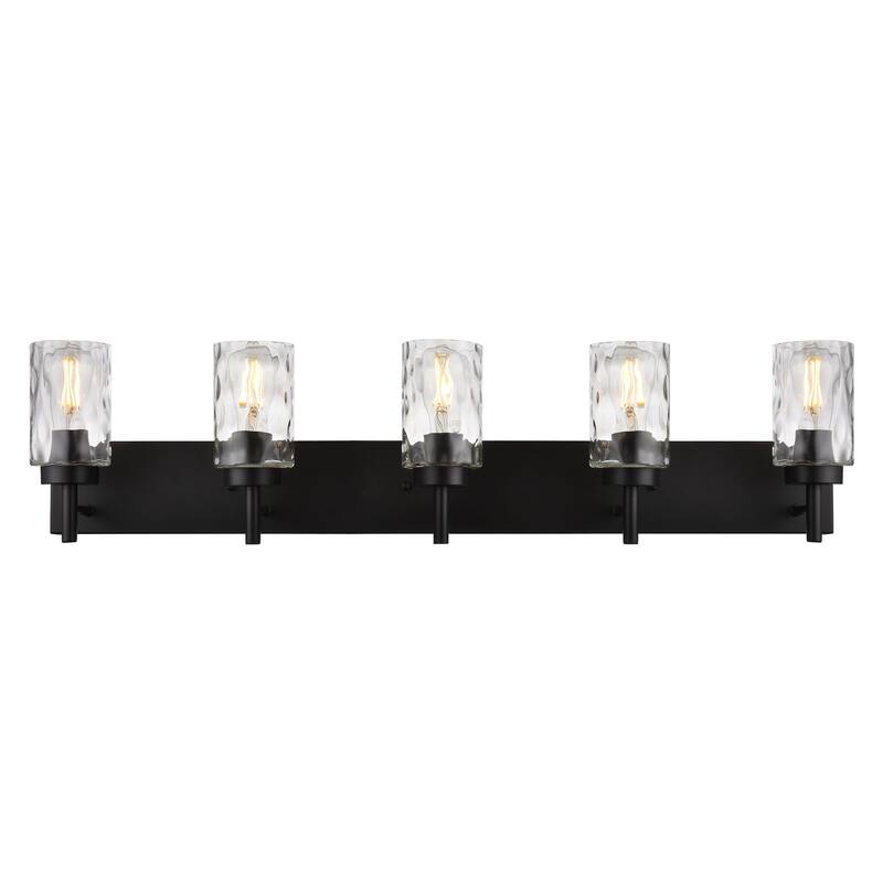 Vanity Light Fixtures 5 Light Modern Wall Sconces Lighting Black Bathroom Lights Wall Mounted with Hammered Glass Shade - Black