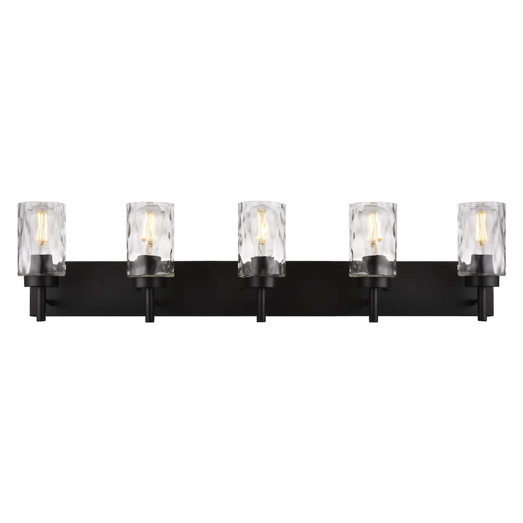Vanity Light Fixtures 5 Light Modern Wall Sconces Lighting Black Bathroom Lights Wall Mounted with Hammered Glass Shade