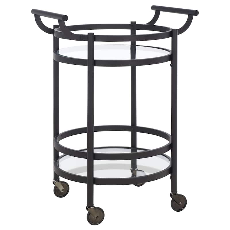 SAFAVIEH Sienna 2 Tier Round Bar Cart-Black Nickel / Glass. - 24" W x 20" D x 34" H