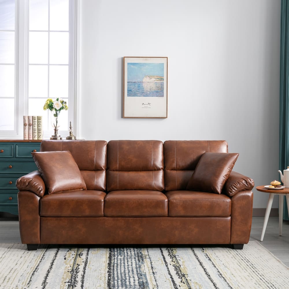 Morden Fort Upholstered Comfy Couch for Living Room,Three-Seater Sofa Faux Leather