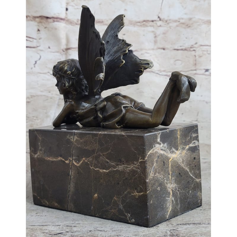 Fairy Child Young Girl Laying Down In Thought Bronze Metal Figure Statue Sculpture Marble Base