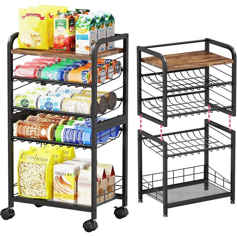 Can Organizer for Pantry - Stackable Rolling Snack Cart, Soda Can Organizer - 11.81"D x 16.77"W x 30.71"H - Black