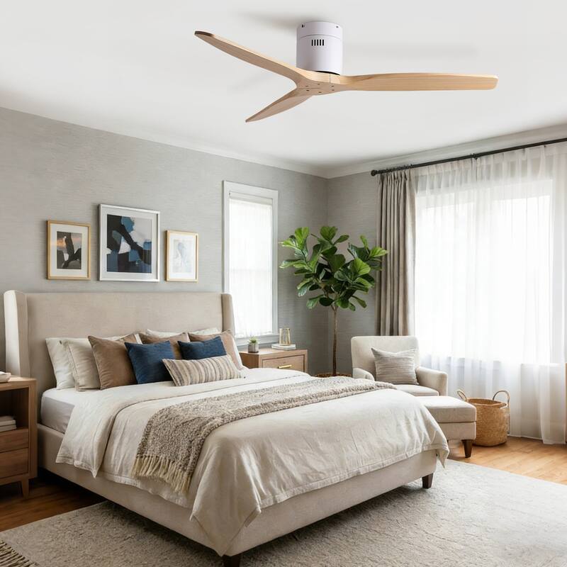 52"Mordern Rustic Elegance Solid Wood Blades Low Profile Flush Mount Ceiling Fan without Light