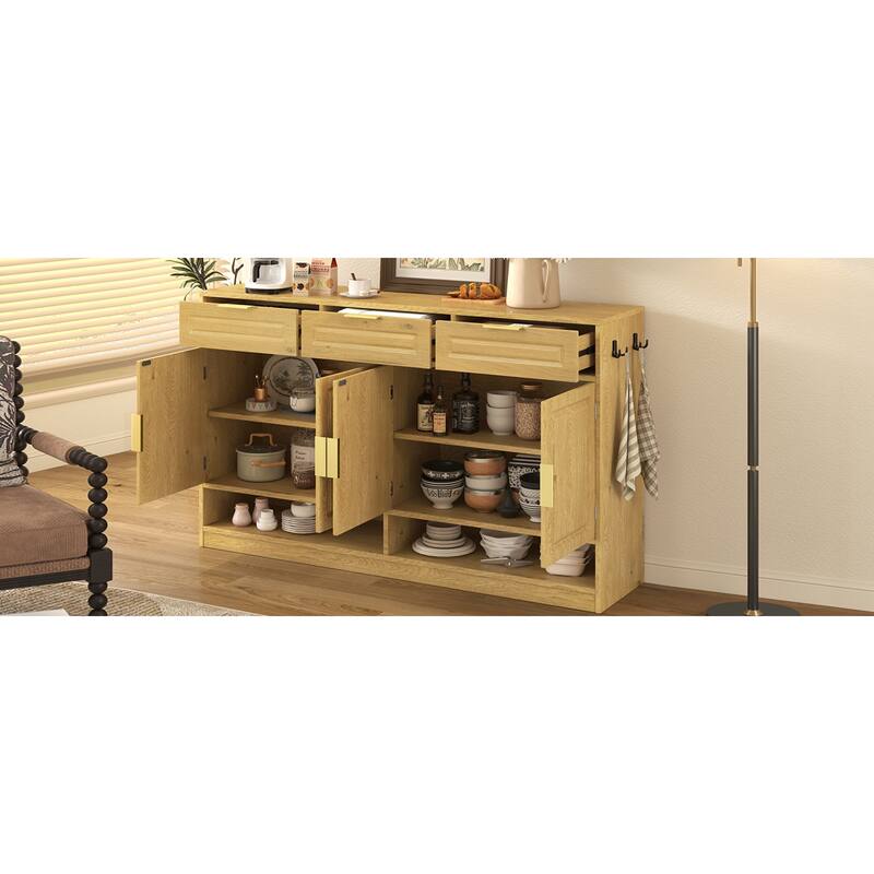 Roomfitters 59.1" Farmhouse Sideboard Buffet Cabinet with 3 Drawers and 4 Doors, Kitchen Storage with Open Shelf