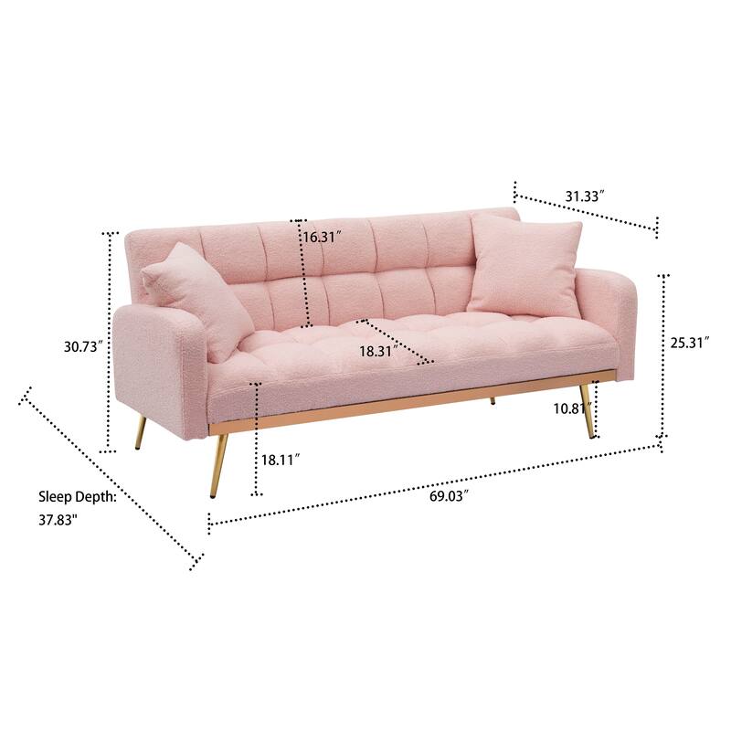 Classic Teddy Fabric Upholstered Convertible Futo Sofa Bed with 2 Throw Pillows