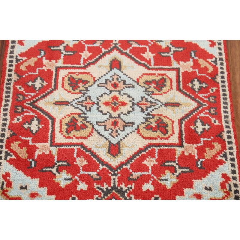 Geometric Red Kazak Indian Accent Rug Hand-Knotted Wool Carpet - 2'0"x 3'0"