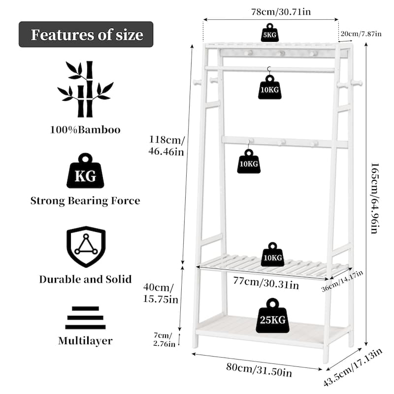 Bamboo Garment Rack 3 Tier Storage Shelves with Hanging Hooks