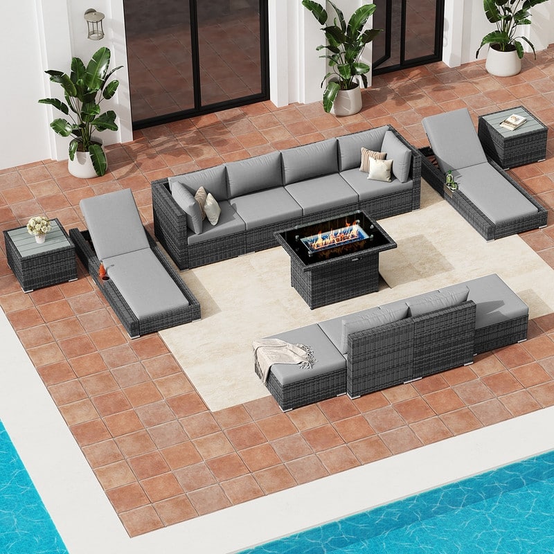 FINCATI 13-Piece Wicker Sectional Patio Conversation Set with 43" CSA Fire Pit, High-Back Deep Seating, Lounge Chaise, Dual Fuel