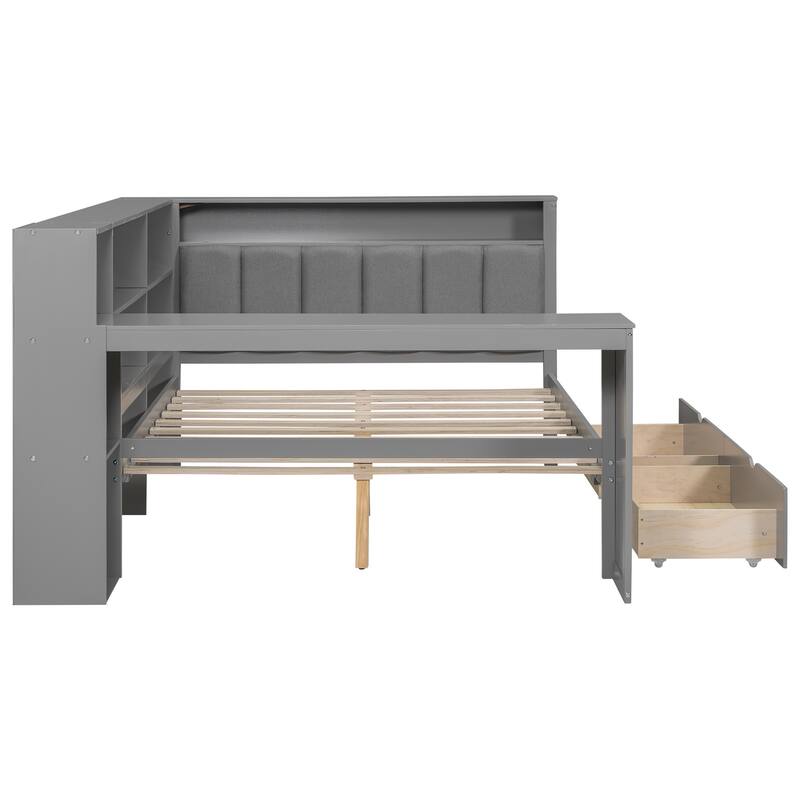 Wood Daybed Twin Size Platform Bed with Storage Shelves, Drawers, Charging Station, Desk, LED and Upholstered Cushion Headboard