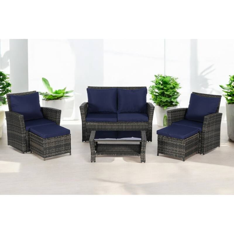 6-Piece Wicker Patio Furniture Set with Cushions & Coffee Table & Ottomans, Sofa for Outdoor Garden, Patio, or Balcony