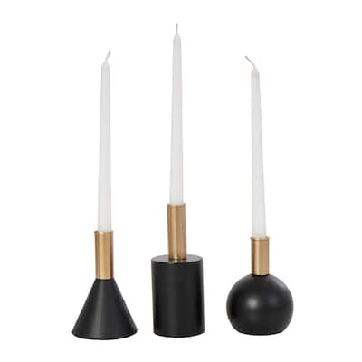 Wood Geometric Candle Holder with Varying Shapes and Gold Accents - Set of 3 Black - Roche River Decor - 3"W x 3"L x 7"H